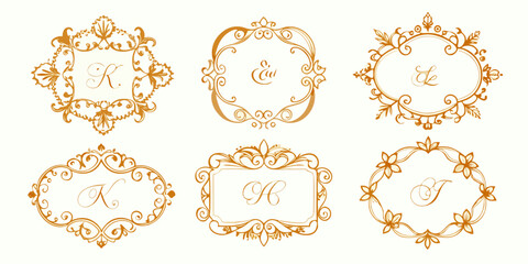 Set of elegant golden vintage monograms and frames, vector