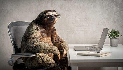 Obraz premium Intelligent Sloth with Eyeglasses Sits Comfortably in Office Chair Next to Laptop and Notebook, Ready for Thoughtful Work in a Bright Setting