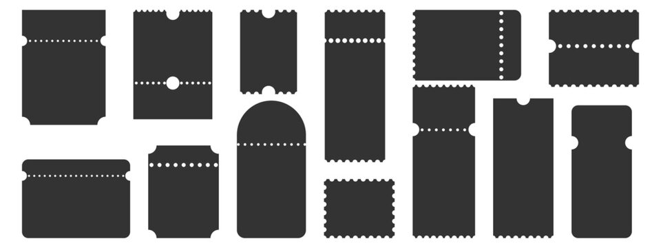 Ticket frame set. Black perforated paper shapes with scalloped edges. Blank voucher, coupon, tag, label templates. Elements for circus, party, cinema. Vector illustration.