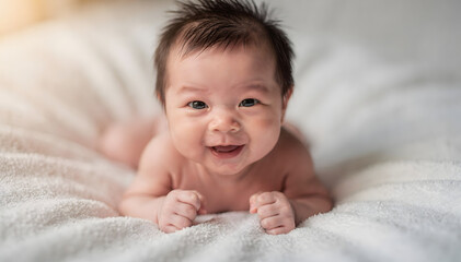 Adorable newborn baby with dark hair and bright eyes on a soft white blanket, looking directly at the camera with a joyful, toothless smile