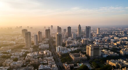 Fototapeta premium Golden City Skyline at Sunrise Over Modern High Rise Buildings