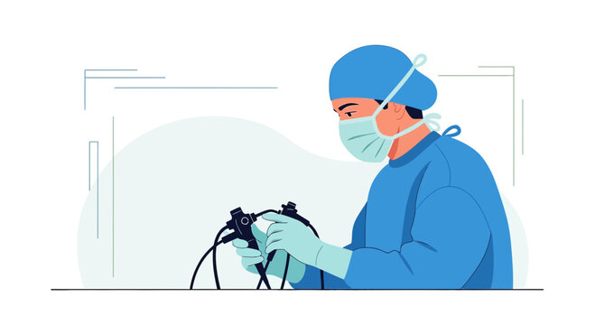 Surgeon in surgical attire performing endoscopy with modern equipment, sterile operating room.