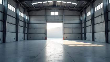 Obraz premium Abandoned industrial warehouse with open door and natural light
