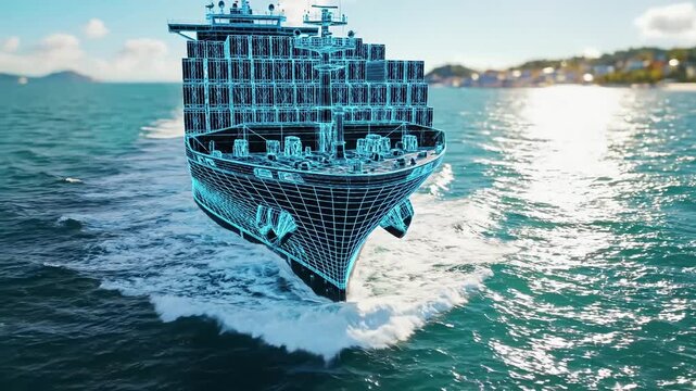 Wireframe holographic cargo container ship sails across ocean waters toward a coastal island under clear skies. Smart maritime logistics, digital twin, and autonomous shipping technology concept.