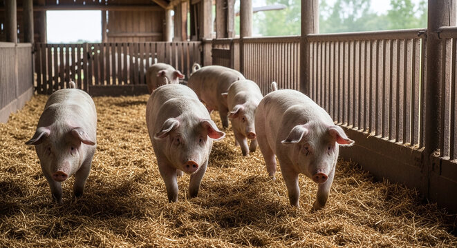 Pigs in a barn walking on hay