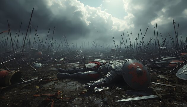 Fallen medieval knight clad in dark armor lies defeated among countless discarded spears and shields on a grim, muddy battlefield under a dramatic, brooding sky suggesting terrible loss.