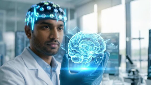 Researcher wearing eeg electrode headset holds a glowing holographic brain with electric pulses in a laboratory. Neuroscience, research, and cognitive science technology concept.