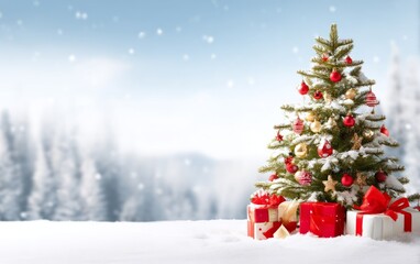 Obraz premium Beautiful Christmas Tree with Ornaments and Gifts in a Snowy Landscape