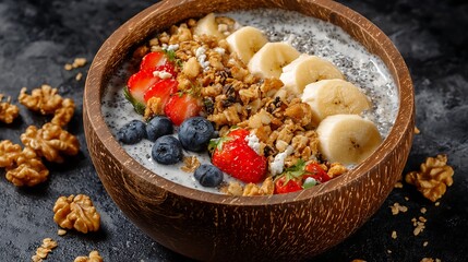 Fototapeta premium A smoothie bowl topped with granola and fruits 
