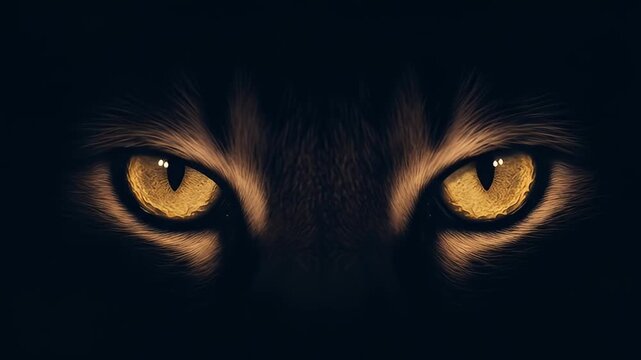 Intense golden eyes peer out from darkness, surrounded by furry brown shadows