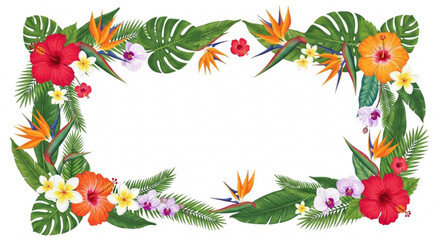 Obraz premium Vibrant tropical floral wreath with colorful flowers and leaves on transparent background