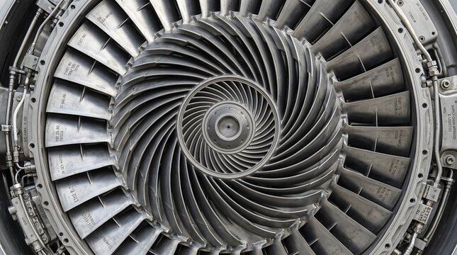 Close-up view of a powerful jet engine turbine, intricate detail and advanced technology , modern corporate concept, texture background, copy space
