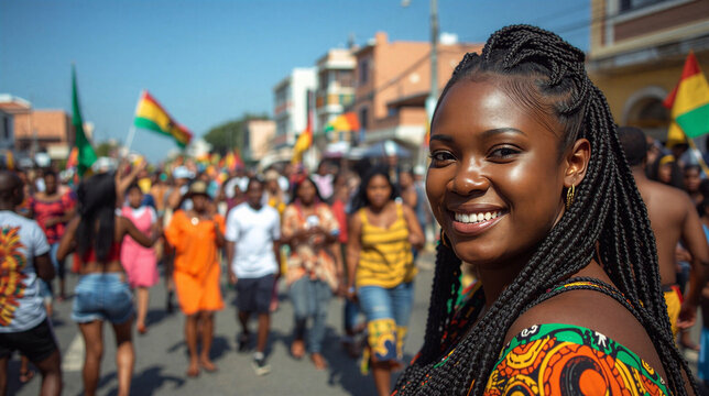 African cameroonian woman in national costume during Independence Day carnival. Street celebration with traditional attire and dancing