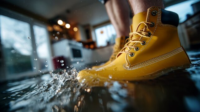 Homeowner inspecting flooded kitchen in rubber boots water damage concept