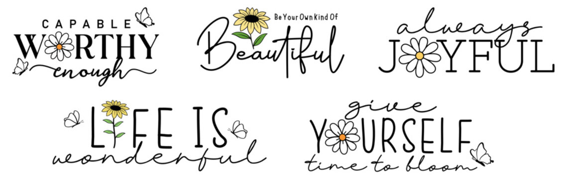 Positive vibes, inspirational motivational slogan quotes with flower and butterfly t shirt design graphic vector bundle