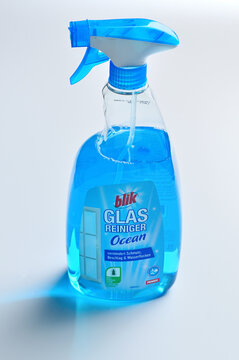 ISERLOHN, GERMANY &ndash; MARCH 11, 2026: blik glasreiniger ocean glass cleaner spray bottle from Penny supermarket isolated on white background