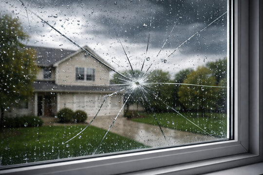 Broken window glass with spiderweb cracks and raindrops during a storm, with a suburban house visible outside. Concept of home damage, weather impact, insurance claims, and property repair.