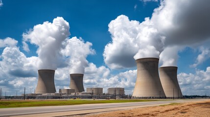 Obraz premium Cloudy Day with Intermittent Drizzle over Power Plant Cooling Towers