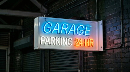Neon garage parking sign mounted on a brick wall. Illuminated signage for twenty-four hour car storage facility. Urban city navigation and night time transport service information signage.