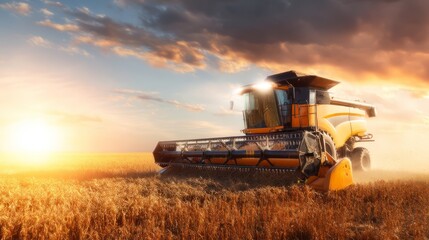 Fototapeta premium Combine Harvester Working in Golden Field Under Stormy Weather and Sunlight