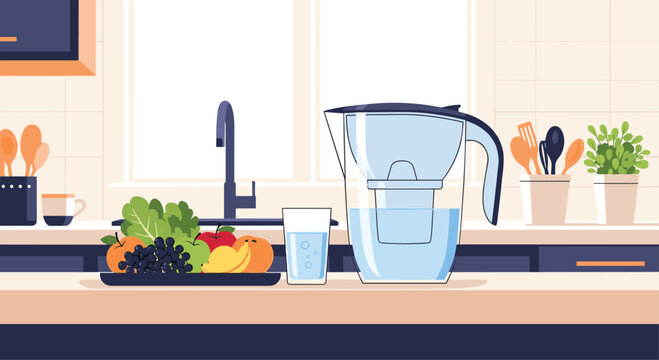 Modern kitchen scene displays a water filter pitcher and glass of water next to fresh fruit on a countertop.