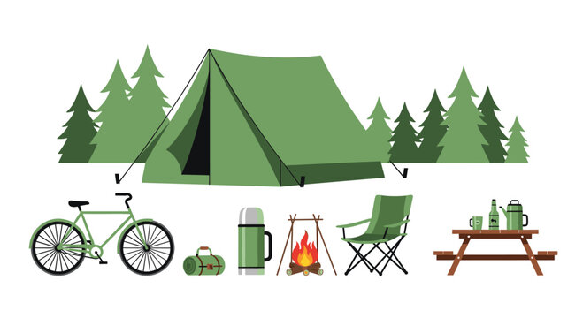 Green camping tent is pitched in a forest clearing with various outdoor gear and a campfire in the foreground.