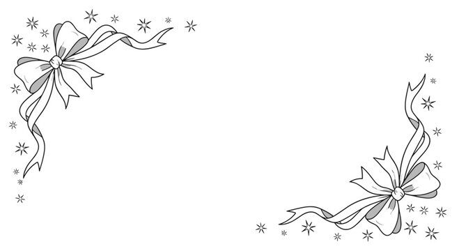 Monochrome illustration featuring elegant ribbons tied into bows and scattered stars decorating the upper left and lower right corners of the frame.