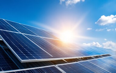 Solar Panel Installation on Rooftop Under Bright Blue Sky with Sunlight