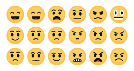 Naklejka premium Large collection of yellow face emojis displaying wide range of human emotions and expressions