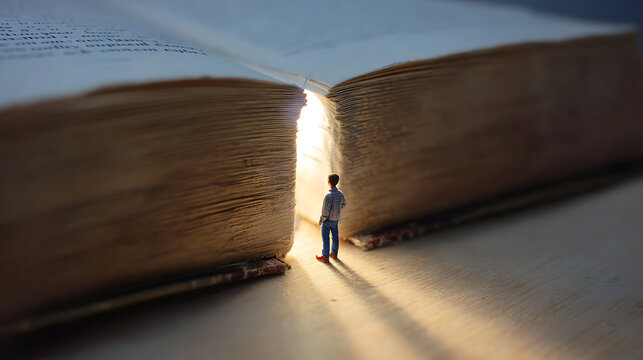 A small figure stands before a vast open book, light emanating from the gap, symbolizing knowledge, discovery, and new beginnings