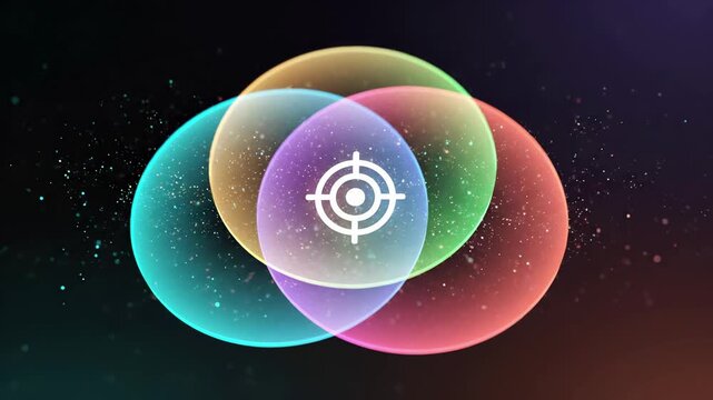 Three overlapping translucent circles with glowing edges converge at a central target crosshair. Venn diagram intersection and strategic targeting concept for analytics and business planning.