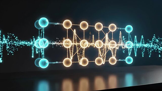 Glowing neural network diagram with layered nodes and cross connections floats above a reflective surface, surrounded by pulsing data waves. Artificial intelligence and deep learning concept.