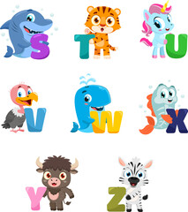 Fototapeta premium Cute Animal Alphabet Letters S To Z With Cartoon Animals For Kids Learning Set – Vector Flat Design Collection Set Isolated On Transparent Background