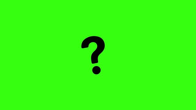 Animated black question mark on a green screen. Concept of FAQ, help, problem-solving, uncertainty, and seeking answers. Chroma key background