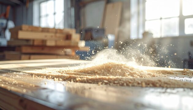 Fine sawdust blowing off a freshly planed wood surface in a workshop, showcasing natural texture and woodworking craft
