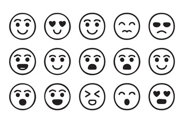Fototapeta premium Minimalist outline emoji icons set featuring diverse facial expressions in black and white style