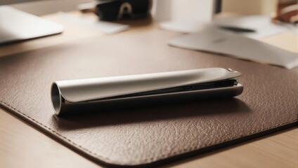 Sleek Metal Nail Clippers on a Textured Leather Desk Mat.