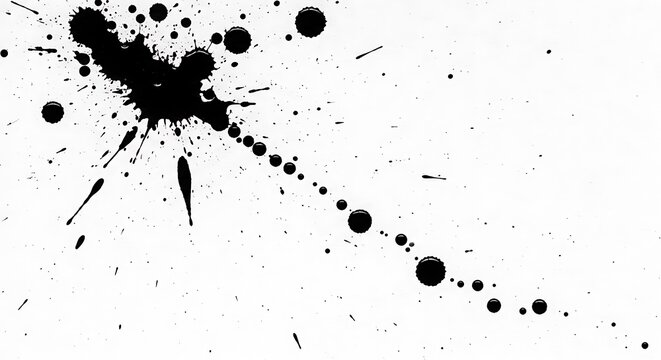 Black ink splatter and paint drops on white background
