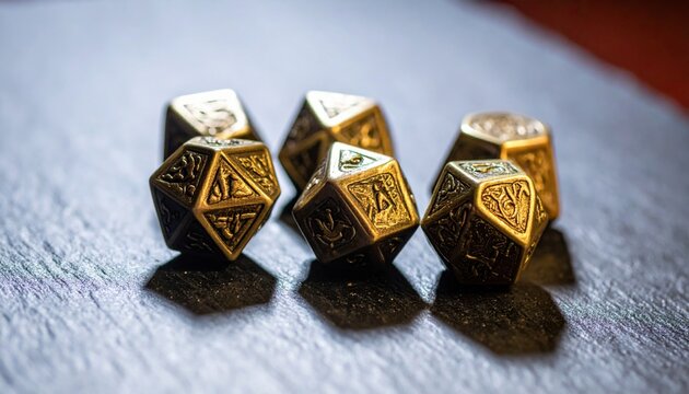 Intricate engraved gold metal polyhedral dice set for tabletop roleplaying games, showcasing unique fantasy symbols.