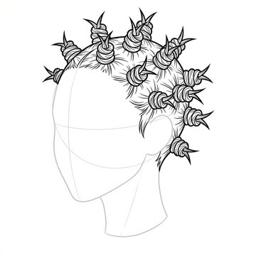 Technical Line Art of Y2K Multi Bantu Knots with Spikes Side Profile