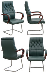 Obraz premium Modern office visitor chair photographed in studio and isolated on transparent background. Comfortable upholstered chair with metal frame and armrests, suitable for conference rooms, meeting
