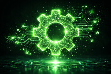 Obraz premium Glowing green digital gear symbol made from particles representing automation, engineering systems, technology process and digital innovation