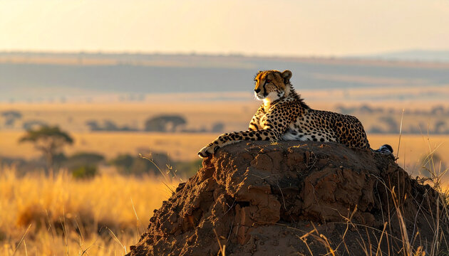 Seekor predator macan tutul atau cheetah liar yang merupakan hewan karnivora besar dengan bulu bintik-bintik sedang berburu di rumput Safari Serengeti National Park Kenya