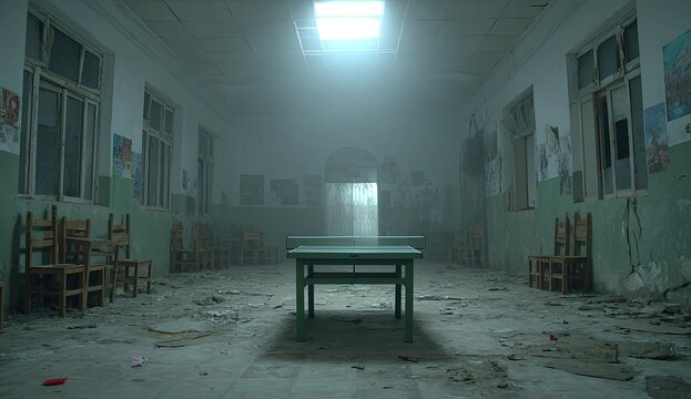 Abandoned classroom with dusty tables and chairs sits in disrepair.