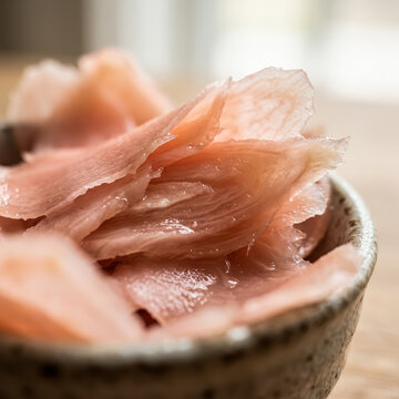  Macro shot of pickled ginger (gari) in a rustic ceramic bowl, a traditional Japanese sushi condiment.
