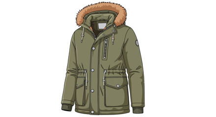 Stylish khaki green winter parka jacket with faux fur hood. © hello bro