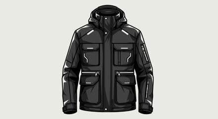 A detailed vector illustration of a black winter jacket with a hood and pockets. © hello bro