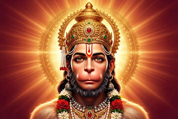 Obraz premium Lord hanuman radiating halo portrait for hanuman jayanti grand celebration including hanuman chalisa verses and holy hanuman puja rituals for removing obstacles and divine spiritual light