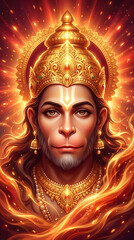 Naklejka premium Lord hanuman fire element portrait for hanuman jayanti powerful celebration including hanuman chalisa stotra and intense hanuman puja rituals for high energy and divine spiritual heat
