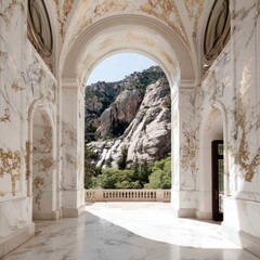 Naklejka premium Ornate marble hallway opens to a scenic mountain vista.